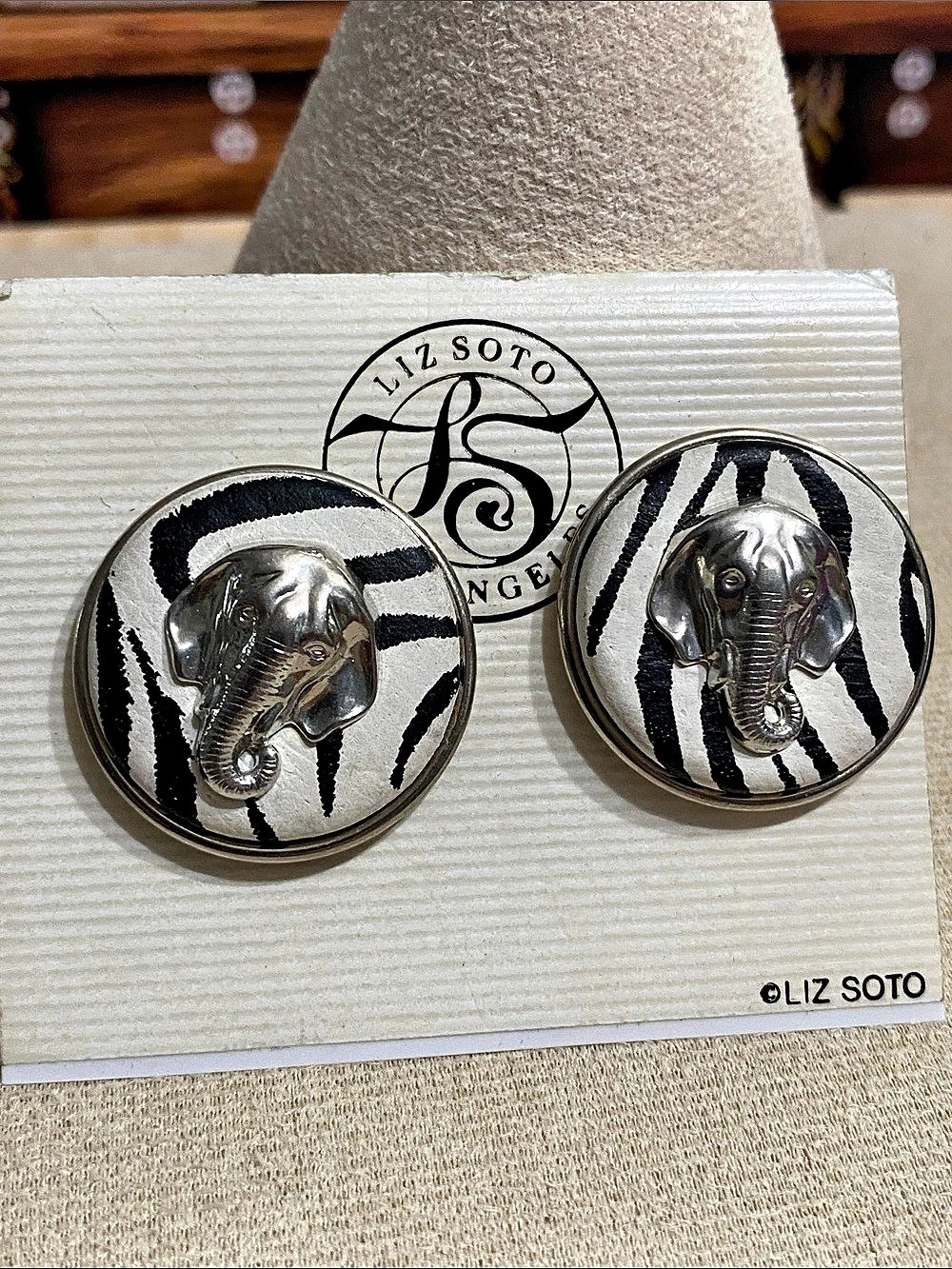 Liz Soto Elephant Animal Print Clip-On Earrings in Black & White